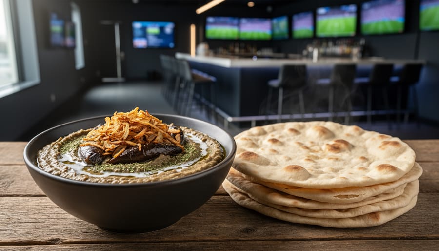 Persian eggplant dip with caramelized onions and walnuts served with bread