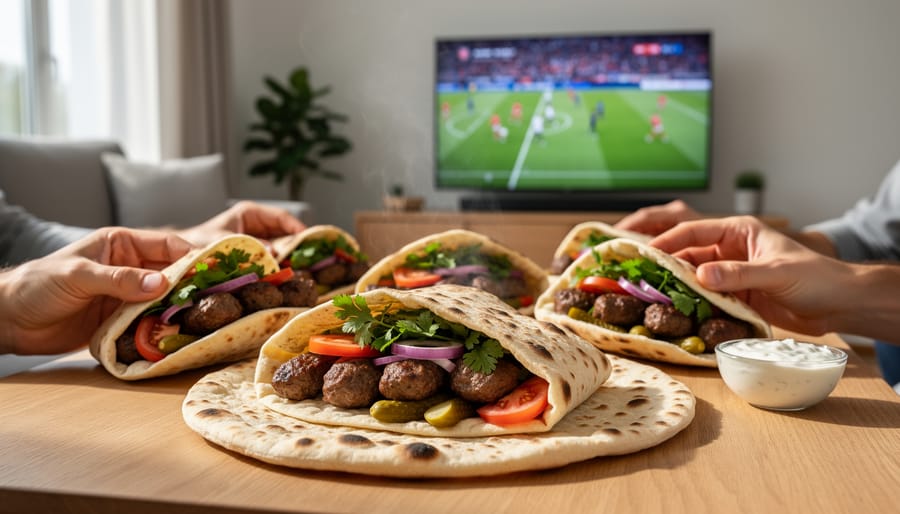 Persian kebab wrap in traditional bread with herbs and accompaniments