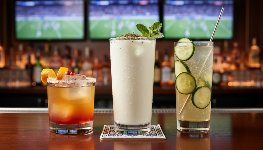 Three Persian-inspired drinks including yogurt drink and specialty cocktails on bar counter