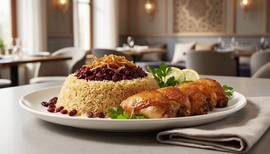 Persian jeweled rice with barberries and saffron served on elegant platter in upscale lounge setting