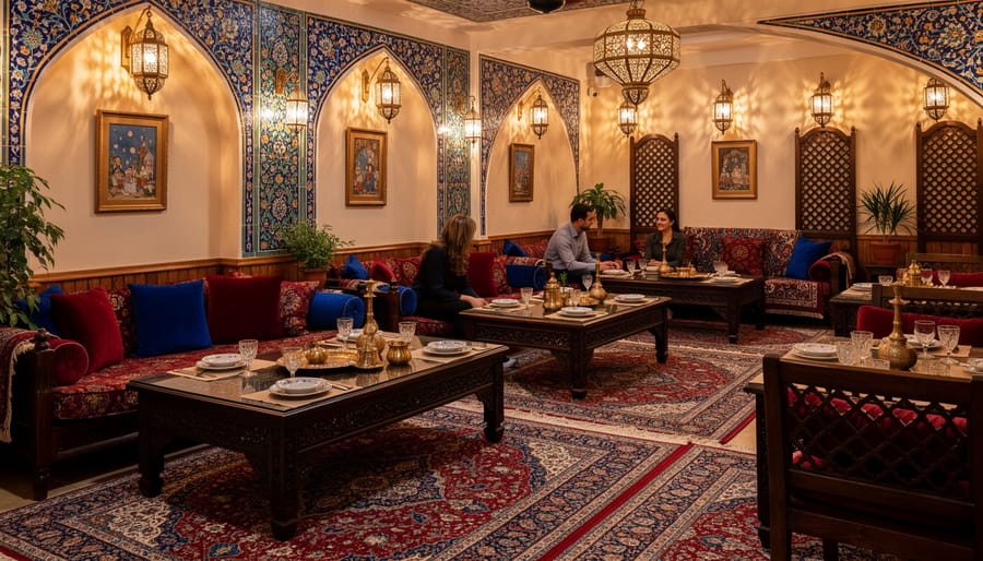 Elegant Persian restaurant interior with traditional carpets, copper vessels, and ornate tilework