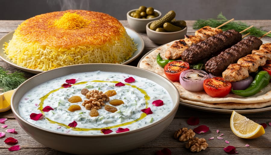 Bowl of Mast-o Khiar Persian yogurt and cucumber dish served alongside saffron rice and kebab