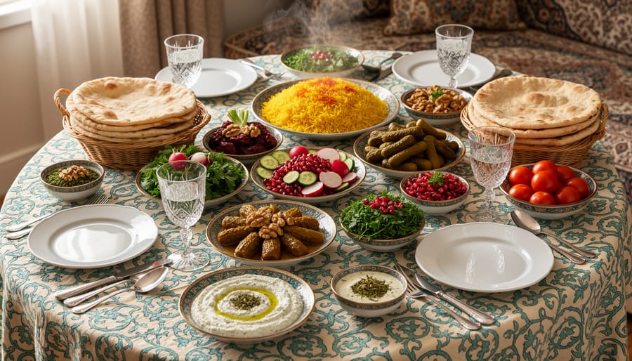 Overhead view of Persian table with multiple traditional side dishes in decorative bowls