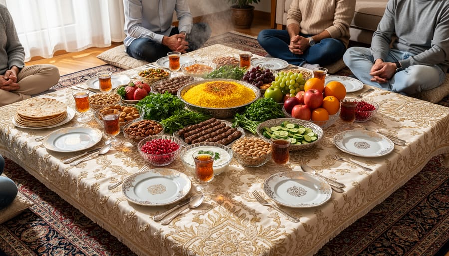 Overhead view of traditional Persian sofreh table spread with multiple dishes and decorative elements