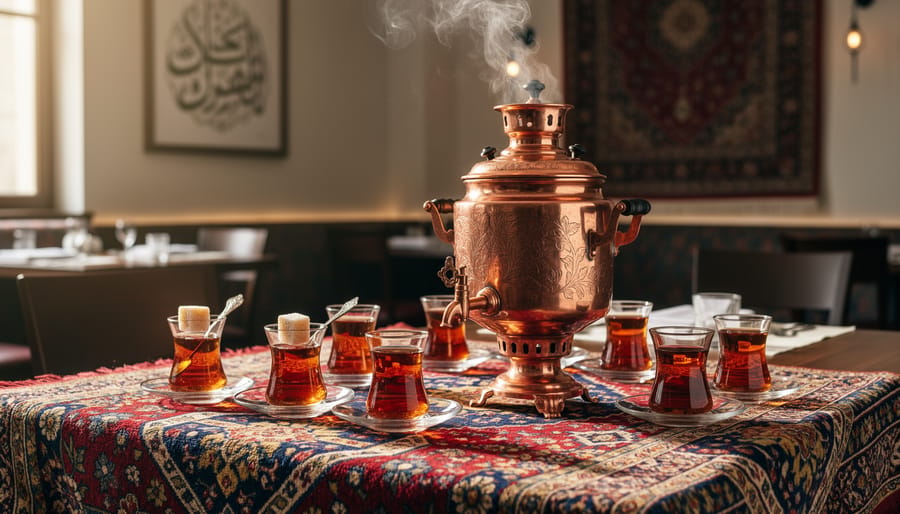 Traditional Persian tea service with ornate glass cups, samovar, and aromatic saffron and rosewater