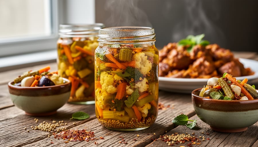 Glass jars of traditional Persian pickles (torshi) in various colors including pink turnips and mixed vegetables