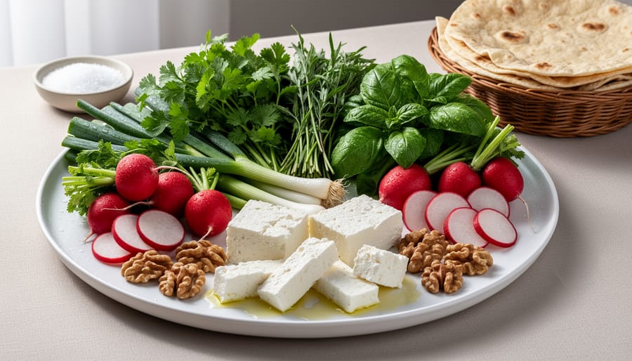 Traditional Persian Sabzi Khordan platter with fresh herbs, radishes, walnuts and feta cheese