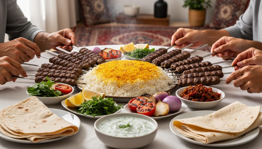 Chelo kabab platter with saffron basmati rice and grilled meat at a Persian feast table, with pickles and grilled tomatoes in the background.