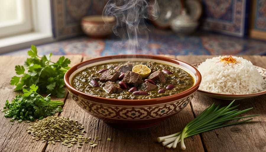 Steaming bowl of ghormeh sabzi herb stew with kidney beans, accompanied by fresh Persian herbs on a wooden board.