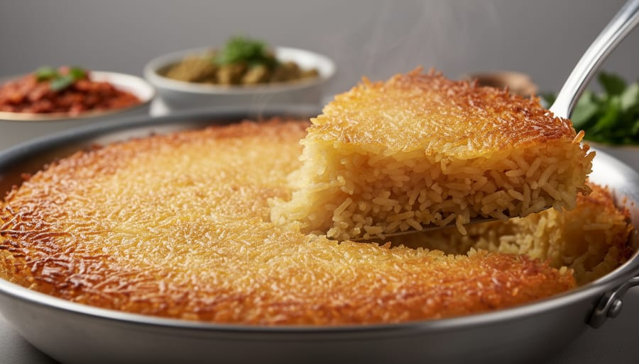 Close-up of a golden-brown tahdig rice crust in a cast-iron pan with crisp edges.