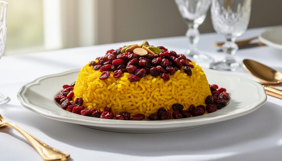 Zereshk polo with saffron rice and red barberries served in a ceramic bowl at a festive table.