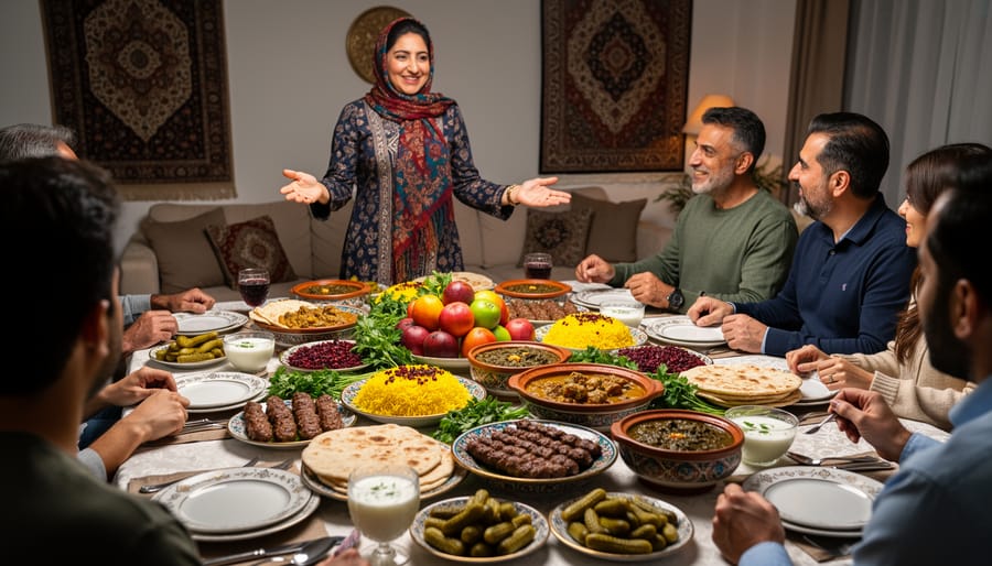 Abundant Persian meal spread with rice, khoresh, kebabs, herbs, and multiple serving dishes