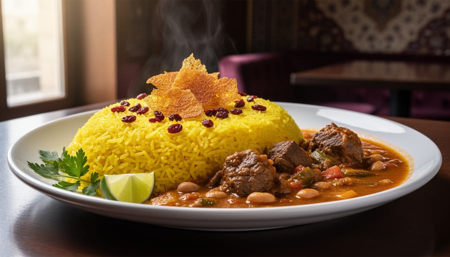 Close-up of Persian saffron rice and stew being served with herbs and lemon