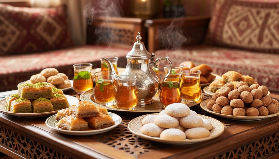 Copper kettle and tea glasses with baklava and pistachios at a Persian dining table