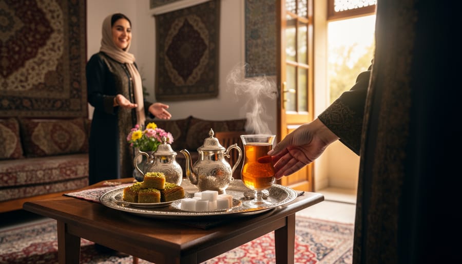 Hands pouring tea into a Persian tea glass with baklava and sweets on the table