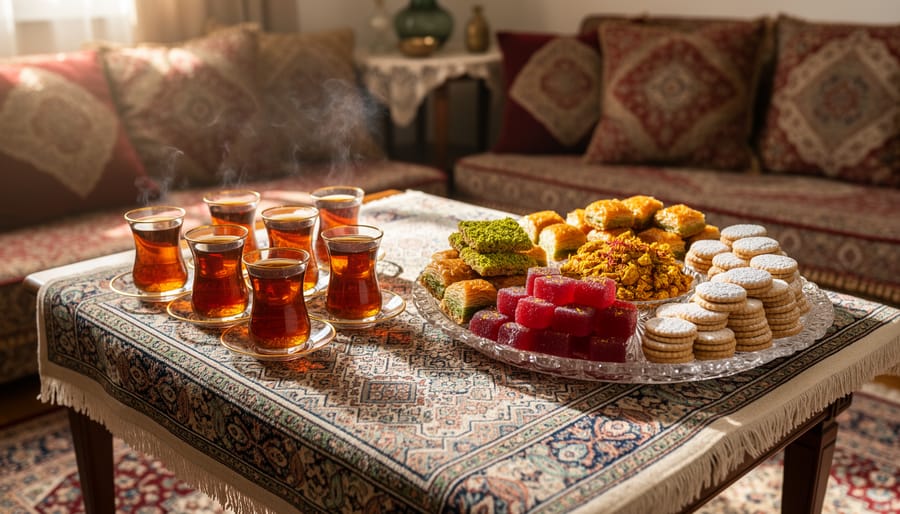 Persian sofreh spread with tea glasses, a teapot, and assorted sweets like baklava and sohan