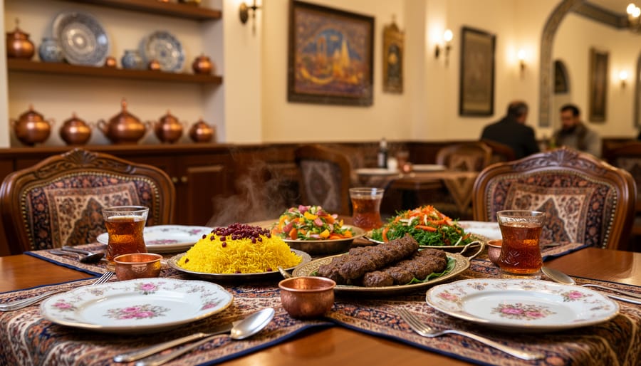Warm dining table inside Shaherezada Restaurant with Persian-style dishes and soft amber lighting