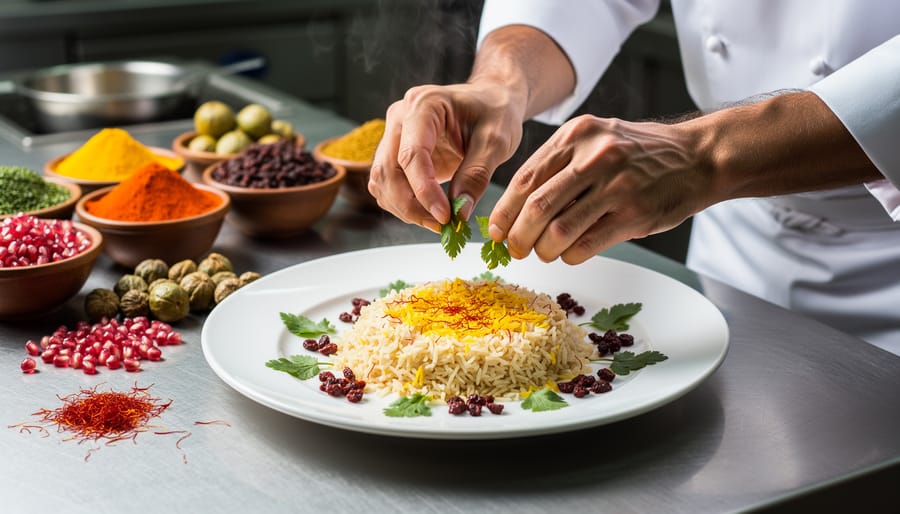 Chef’s hands plating a Persian dish with saffron threads and herbs on a ceramic plate.