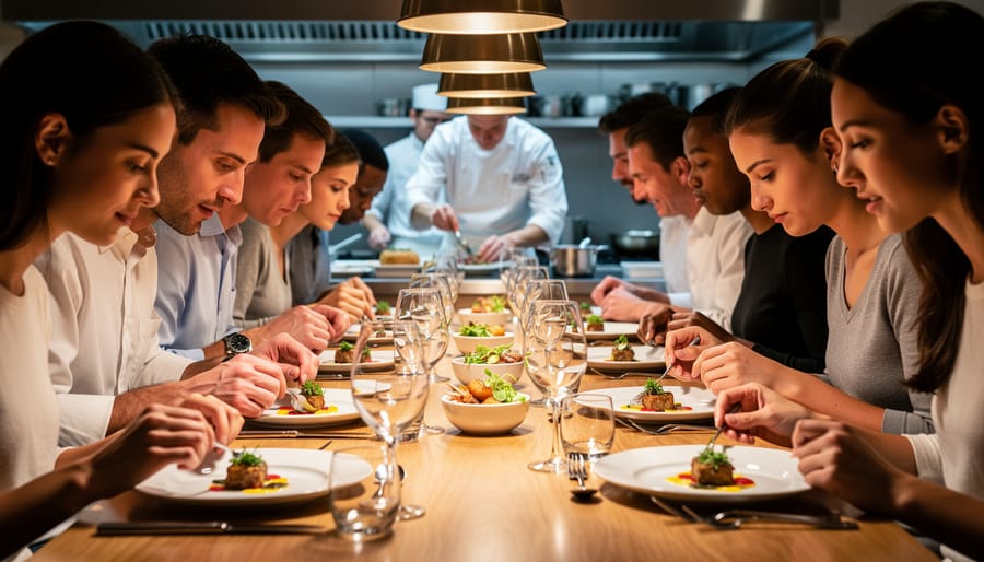 Guests seated closely at a chef’s table with shared Persian dishes and a chef visible at the edge of the scene.