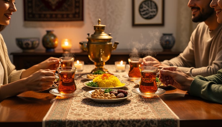 Tea being poured into small glasses at a low table with guests seated nearby in a warmly lit Persian dining room.