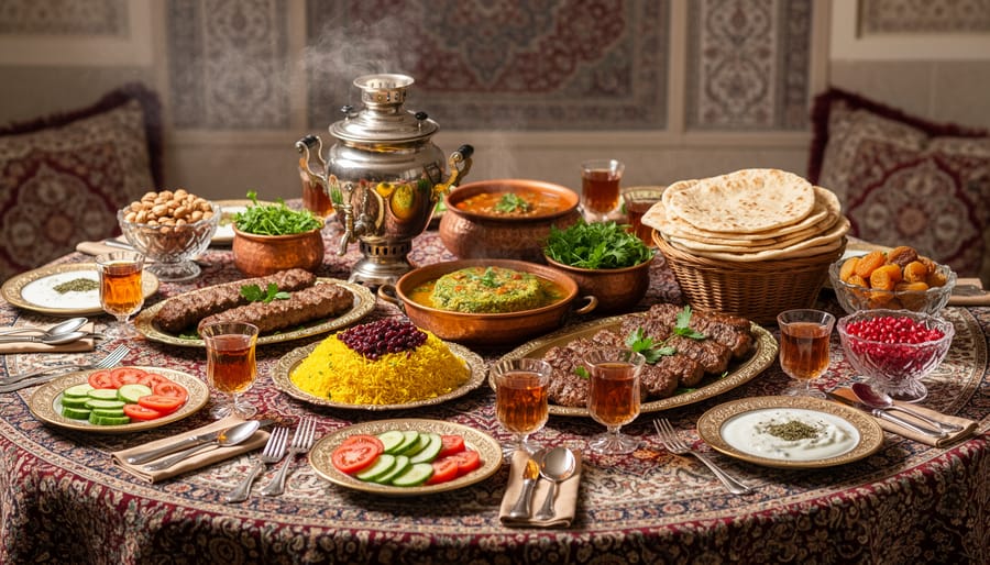 Persian ceremonial table with saffron rice, pomegranate, herbs, and kabab arranged for a shared meal