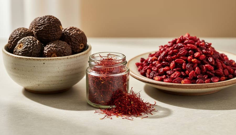 Close-up of saffron threads, dried limes, barberries, and Persian spices on a wooden board