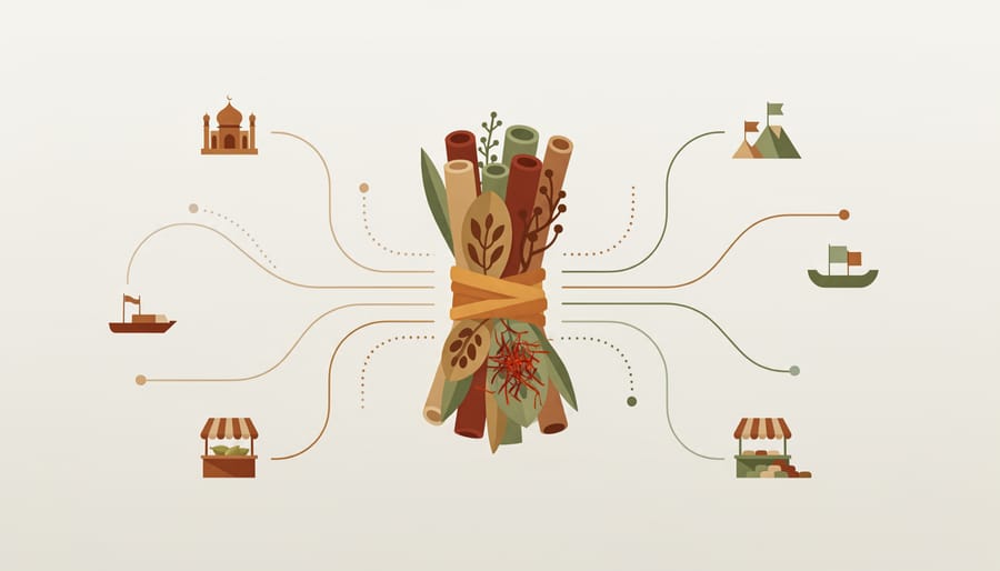 Overhead view of a cloth sack of spices and jars resembling Persian ingredients packed in a weathered crate