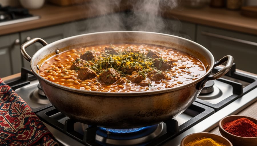 Bronze cooking pot simmering over an open flame with steam rising and stew ingredients visible