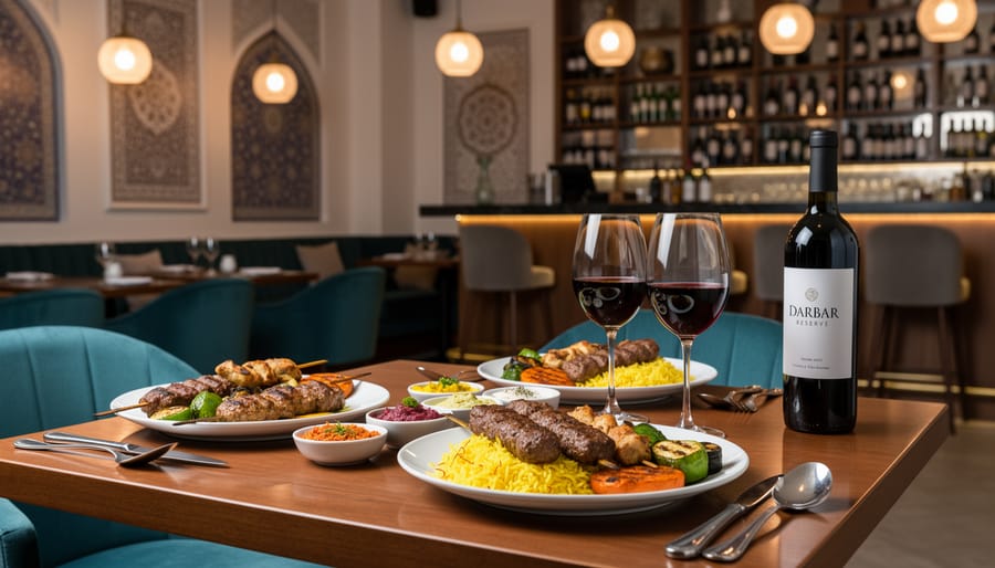 Persian grilled kebabs with a wine glass at Darbar Persian Grill & Wine Lounge