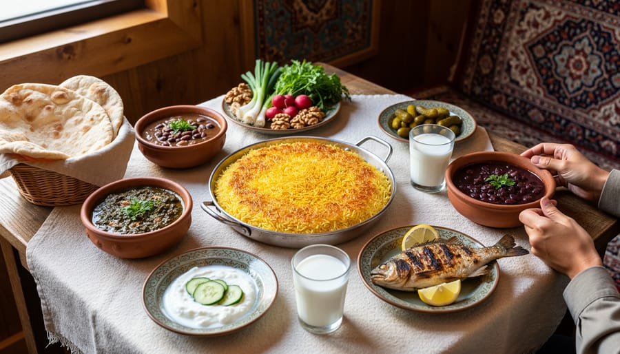 Ghormeh sabzi stew and flatbread on a wooden table in a Gilaneh-style restaurant