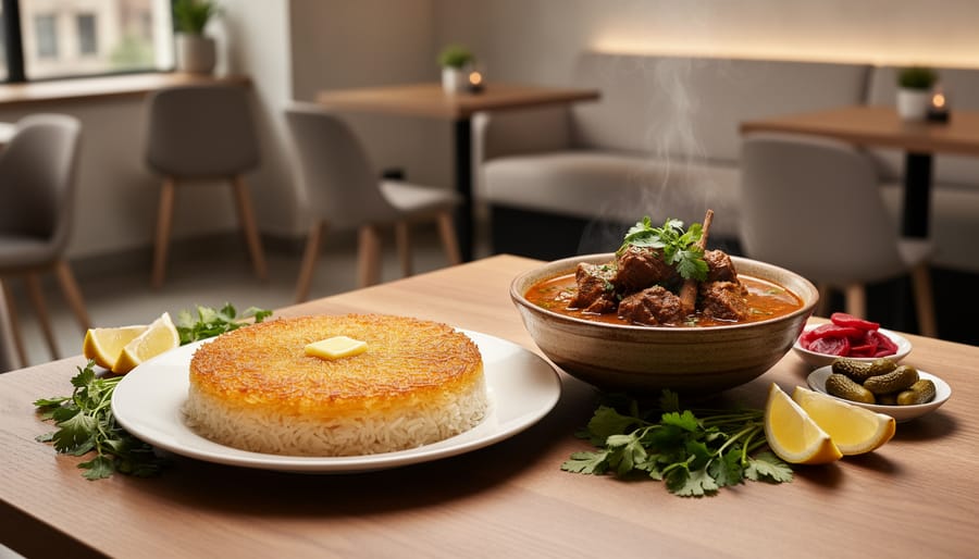 Casual Persian meal with tahdig and stew on a table at Khaki