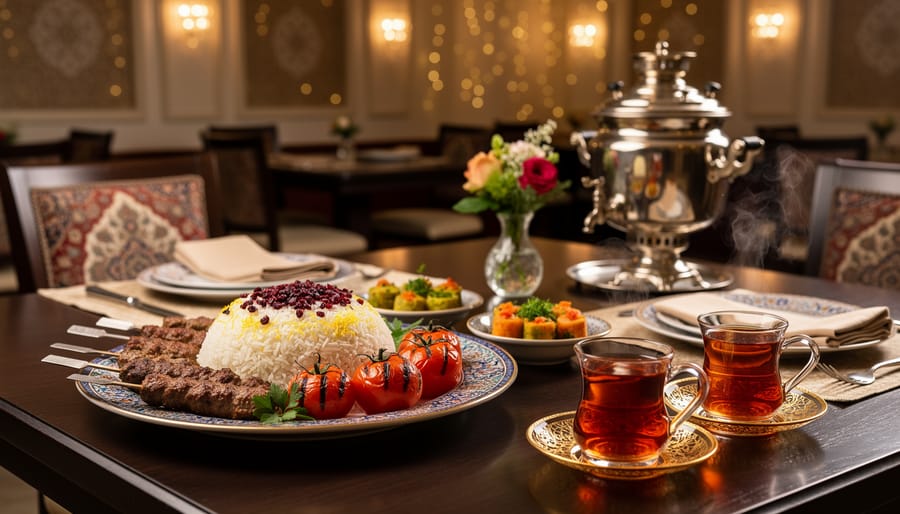 Elegant Persian dining table with plated food and a pot of tea at Queen of Persia