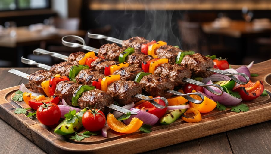 Close view of kebab skewers and grilled garnishes on a tray at Shahyad Kababsara