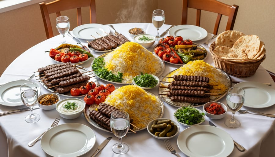 Table spread of Persian kebabs and saffron rice inside Shamshiri Restaurant