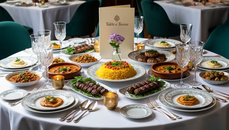 Elegant Persian polo and kebab platter presented in a refined setting at Takht-e Tavoos