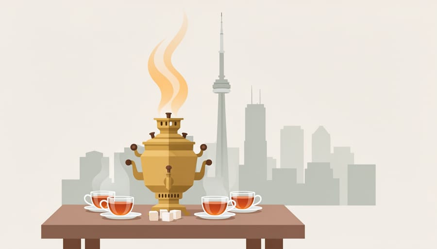 Persian tea glasses and kettle with sweets on a table symbolizing Persian dining in Toronto